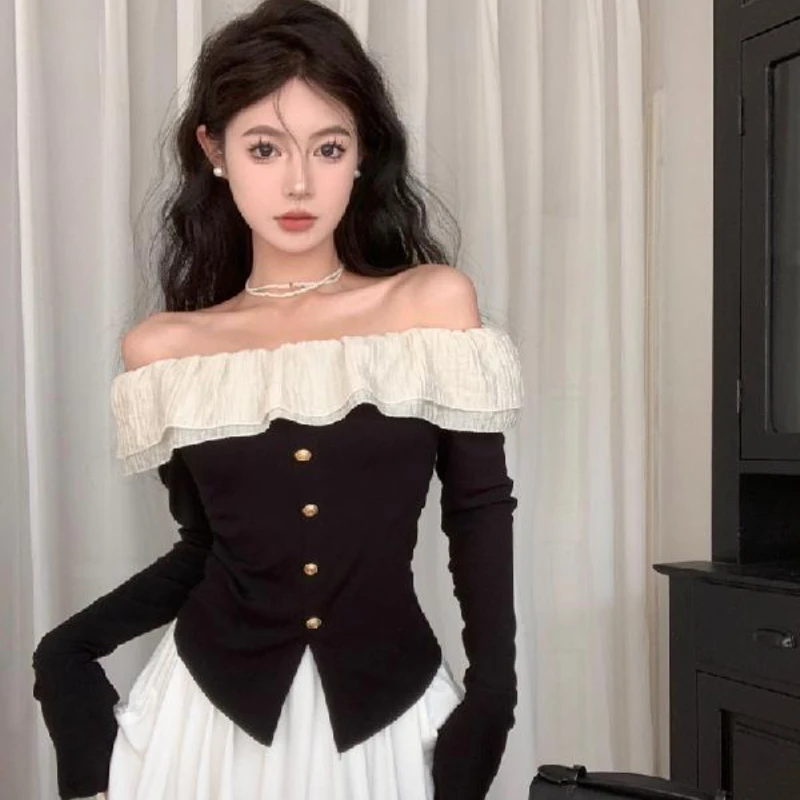 

Новые осенние женские футболки с разрезом на шее, футболки с открытыми плечами и длинными рукавами, элегантные женские топы во французском стиле с милыми оборками