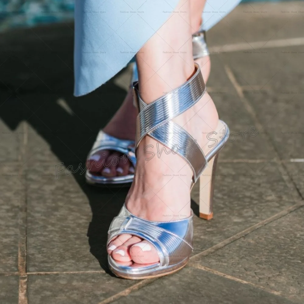 

Silver Open Toe Cross Strap Sandals Round Toe Women Shoes Stilettos High Heels Party Banquet Dating 2025 Zapatos Para Mujere
