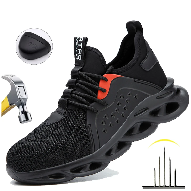 Men's Construction Boots Steel Toe Work Shoes Rotary Button Breathable Anti-Smash Anti-Puncture Safety Industrial Shoes Dian Sen