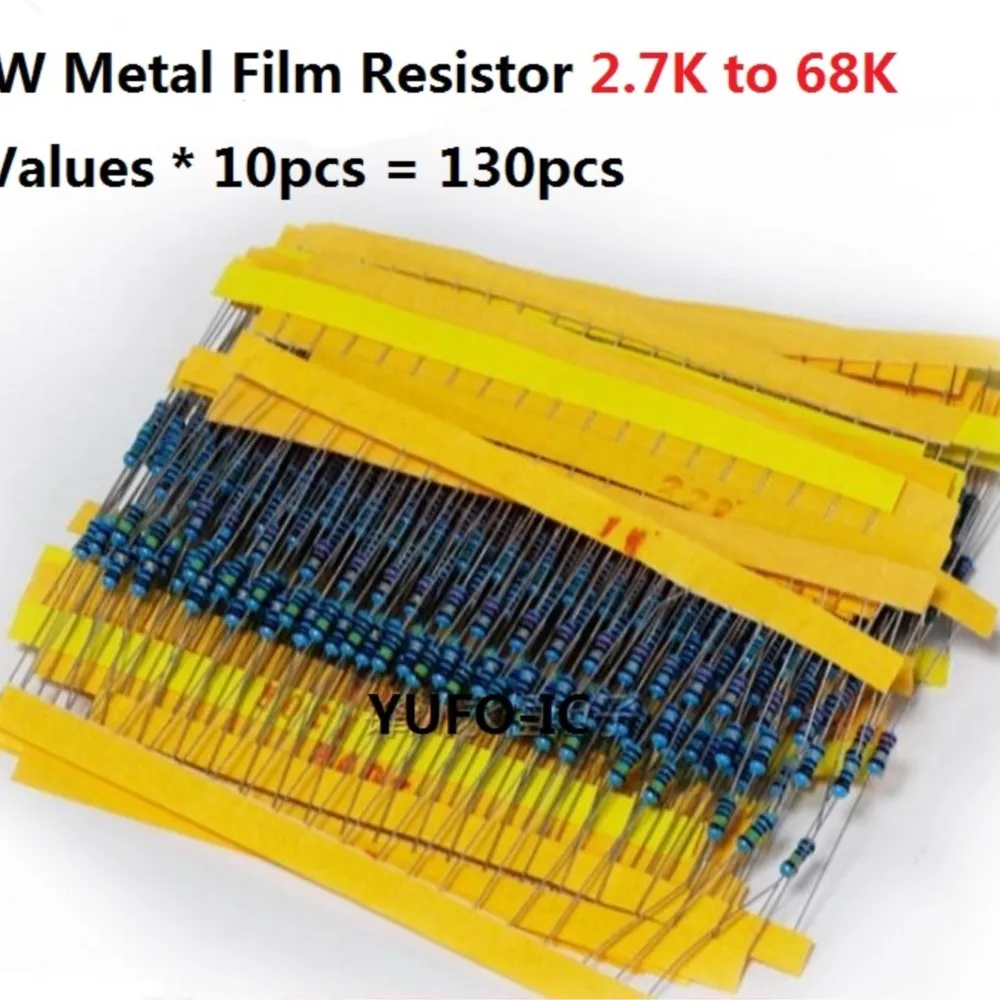 13values*10PCS=130PCS 2.7K To 68K  1/4W 5% Metal Fillm Resistor Kit Set Ohm Assorted Assortment 3.3K 4.7K 5.6K 6.8K 10K 15K 22K