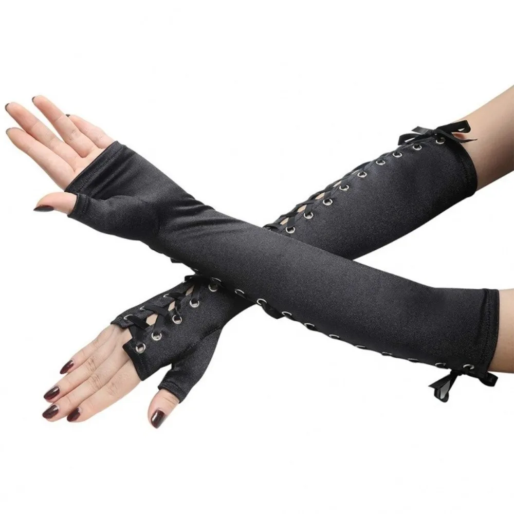 Slim Long Ribbon Gloves Lolita Elastic Half Finger Gloves Cloth Elbow Long Women Gloves Halloween Cosplay