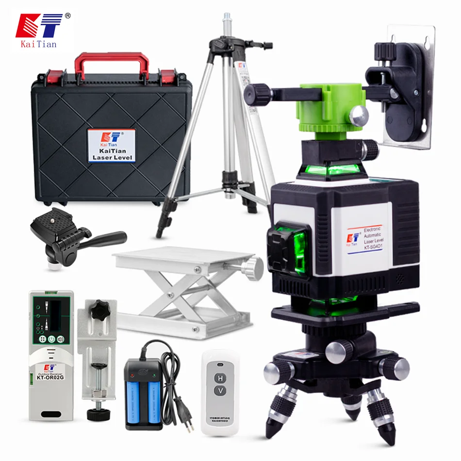 KaiTian Electronic Automatic Self Leveling Laser Level Green Line Cross Vertical & Horizontal Nivel Laser Receiver Level Tripod