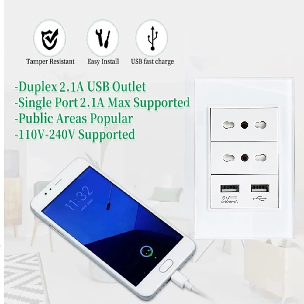 Italy Switch USB Wall Socket Chile Plug Pins Rectangle Chilean Outlet Italian EU Power Tempered Glass/Plastic Panel Home Office