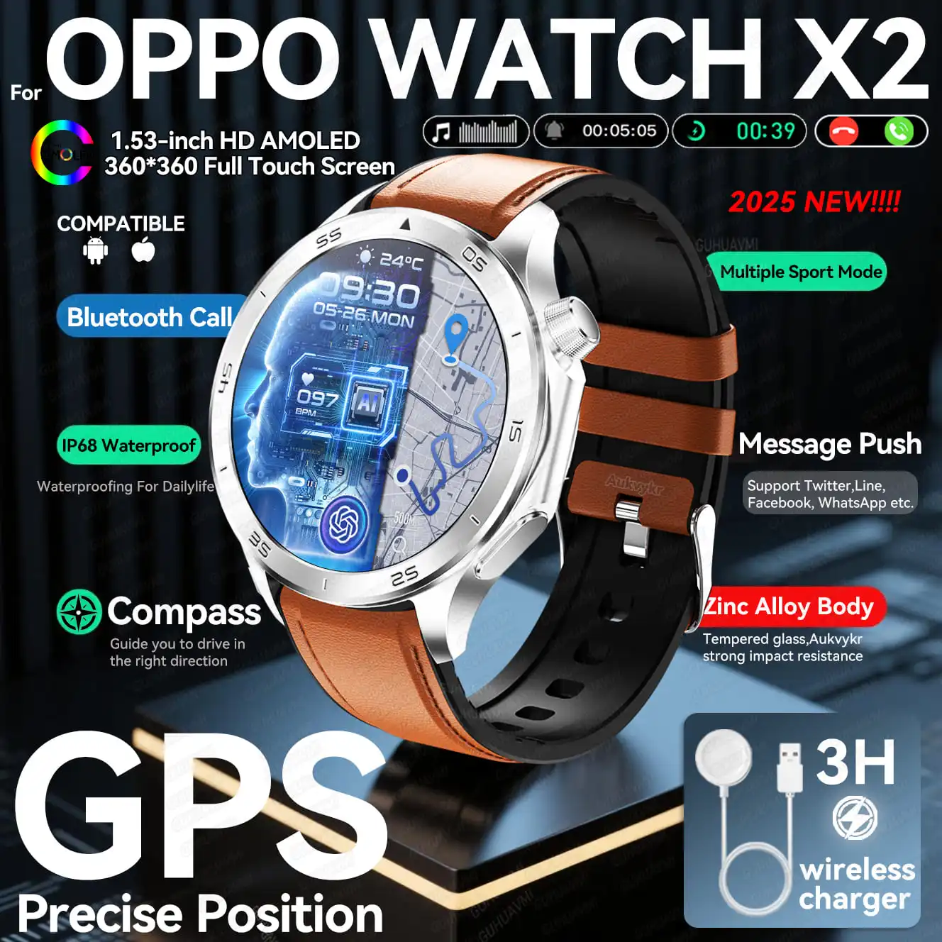 

Оригинальные умные часы для OPPO WATCH X2, мужские GPS, Bluetooth-вызов, несколько спортивных режимов, компас, IP68, водонепроницаемый фитнес-браслет