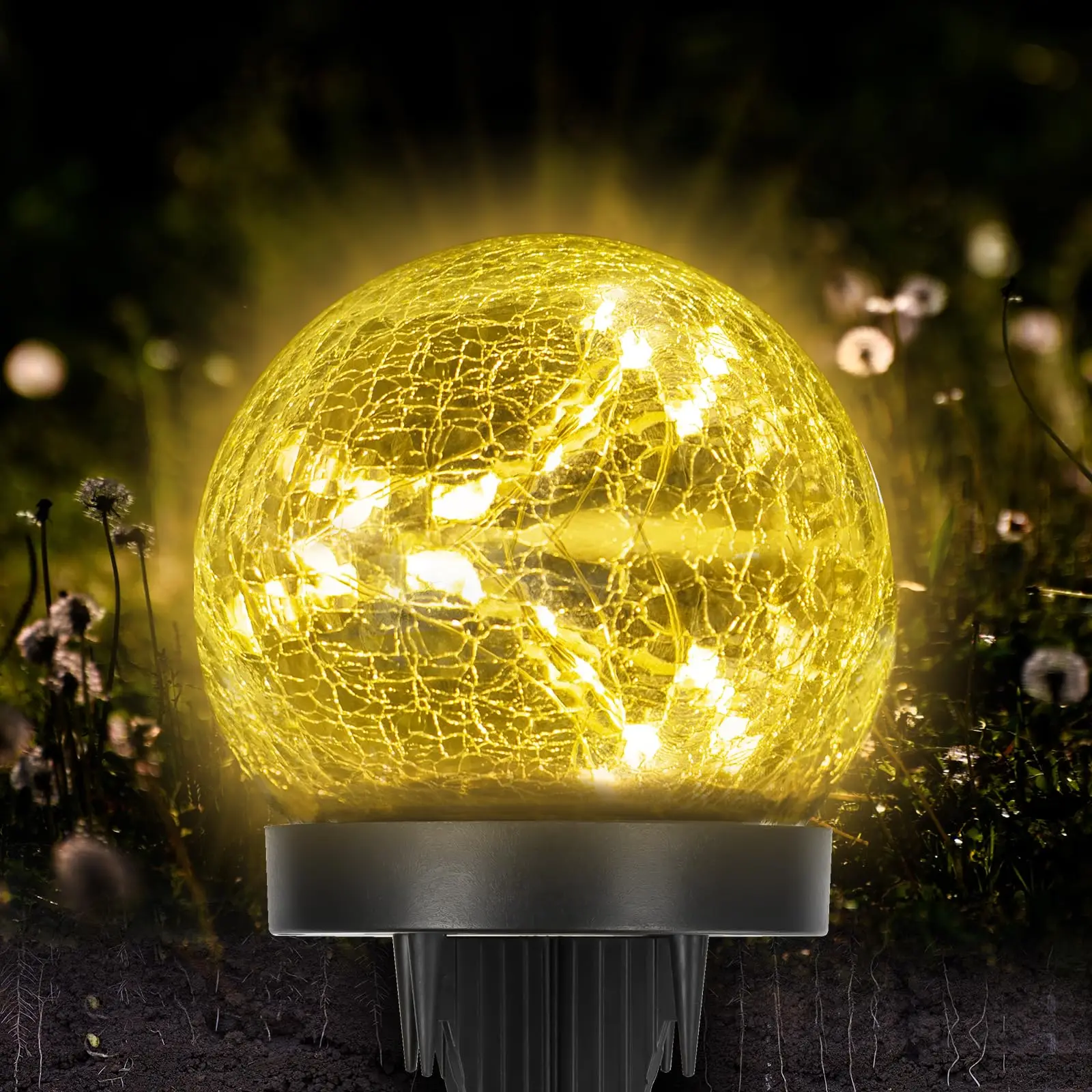LQWELL Solar Bodenleuchte für Garten Solar Gartenleuchte für Außen Kugel Crackle Glas Solarlampe Warmweiß 3000K IP65 Wasserdicht für Rasen Balkon Gehweg Hof Deko Energieklasse A