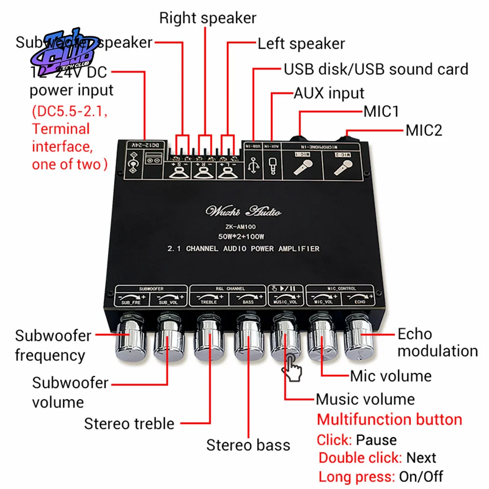 ZK-AM100 2X50W + 100W Subwoofer Power Amplifier Board High Power MIC TPA3116D2 2.1 Bluetooth-compatible Audio Amplifier Module