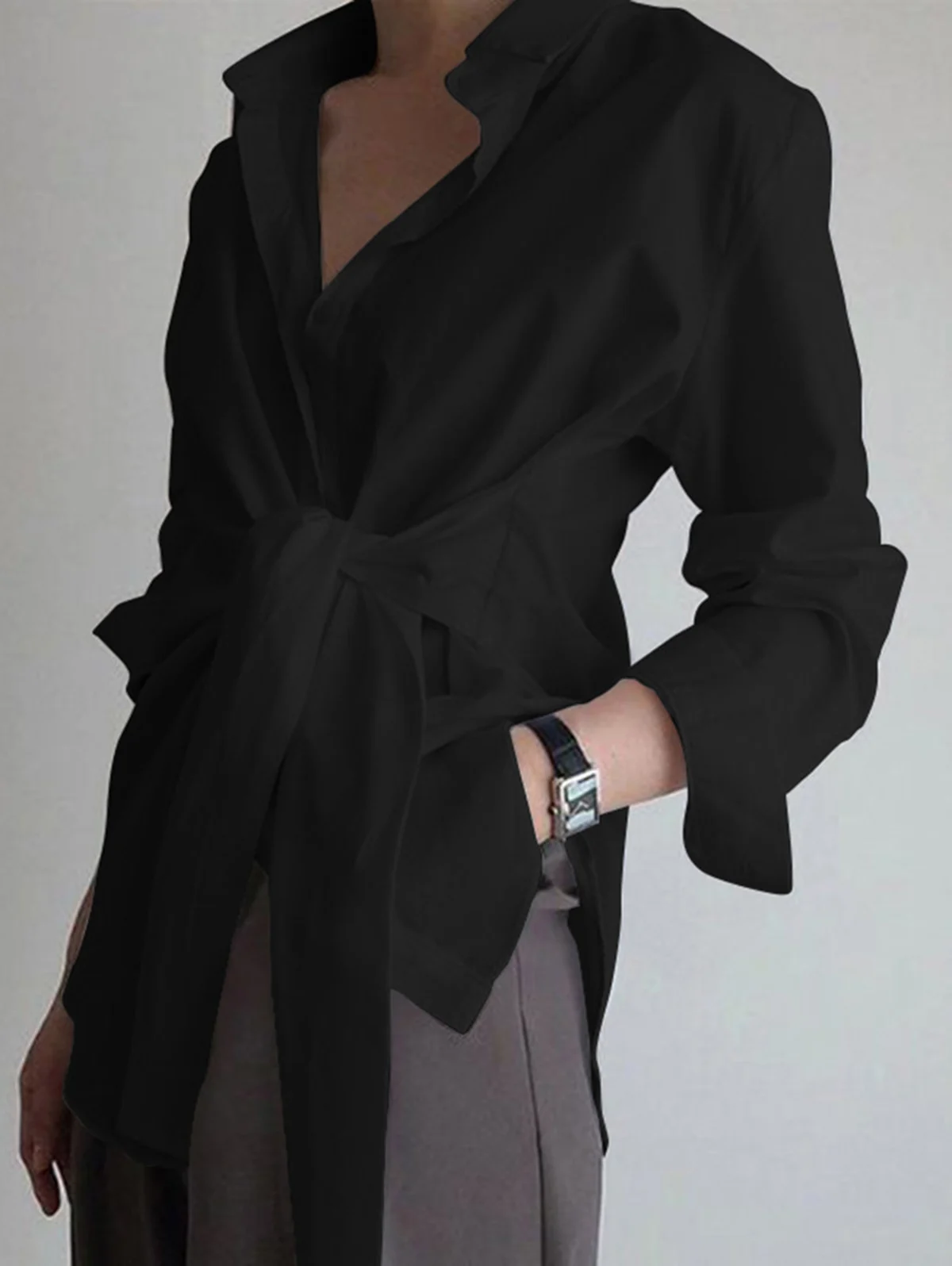 

Women's Spring Shirts New Chic Comfortable Casual Temperament Loose Tie Waist Shirt Office Business Commuting Pure Color Blouse