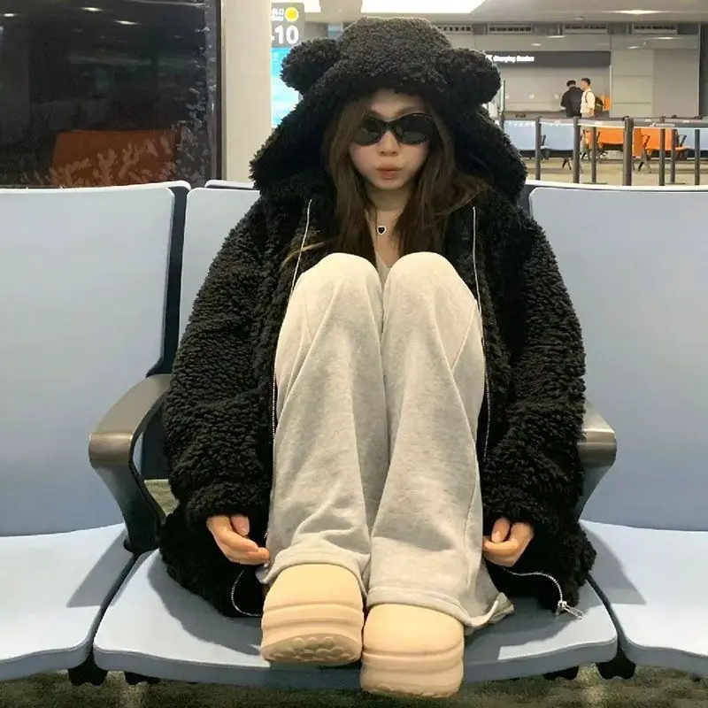 

Милая и удобная толстовка с медвежьими ушками для девочек, имитация овечьей шерсти, толстовка на молнии, серия, повседневная мода, универсальный, модный ленивый стиль