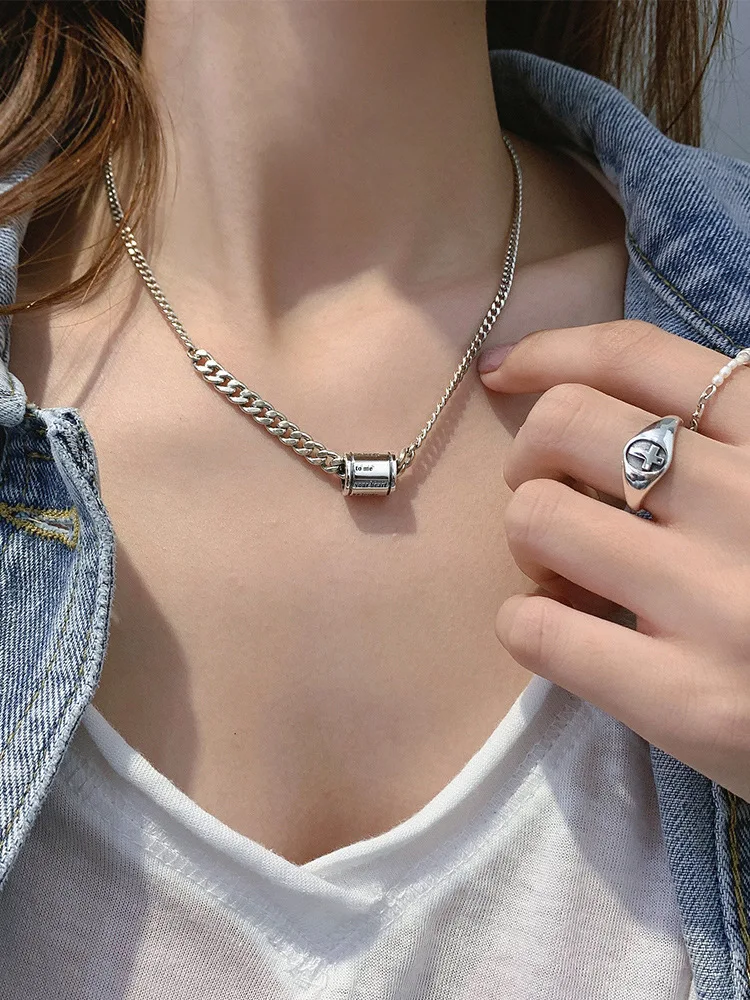 Retro Style Cylindrical Thai Silver Couple Necklace Crafted with Real S925 Sterling Silver Fashion Jewelry for Women and Men