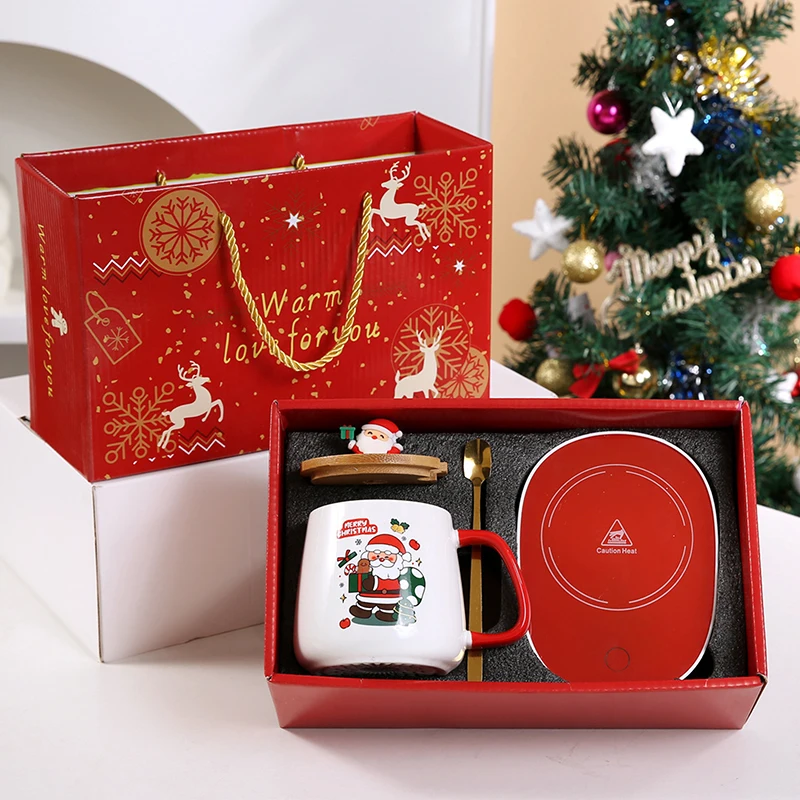 Caneca de cerâmica caixa de presente caneca copo de natal com tampa e colher conjunto base de aquecimento usb caneca de chá de café presente de natal de ano novo