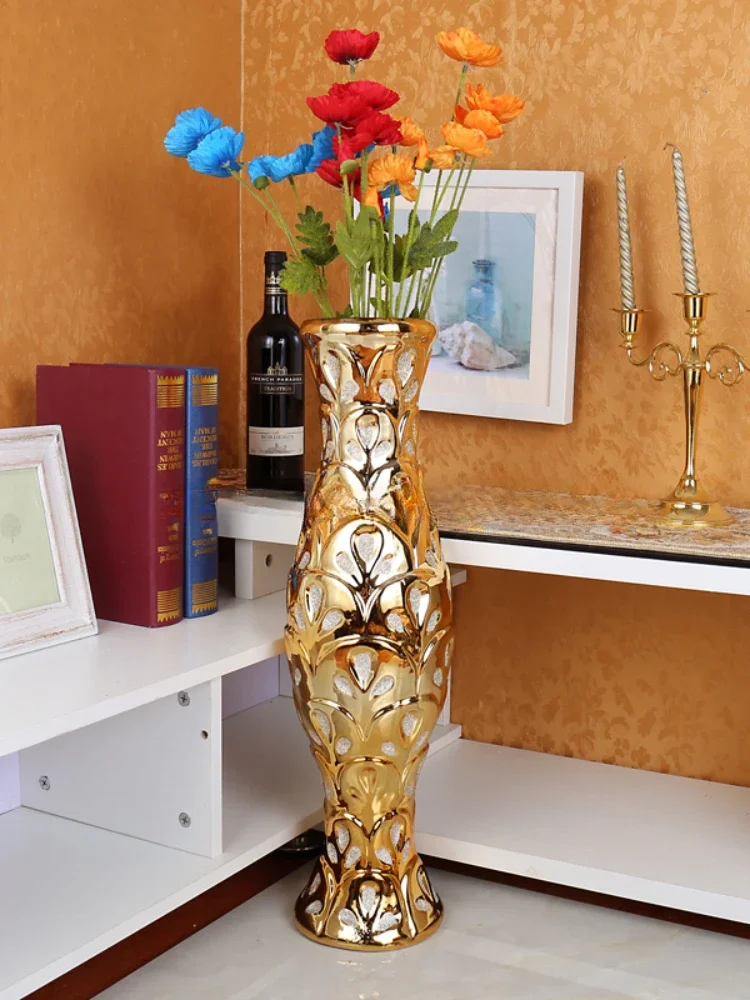 Grand Decorative 60 Cm Ceramic Floor Vase Luxury Gold Interior Creative Flower Vase Plant Pot Jarron Home Decor Aesthetic AA50VA