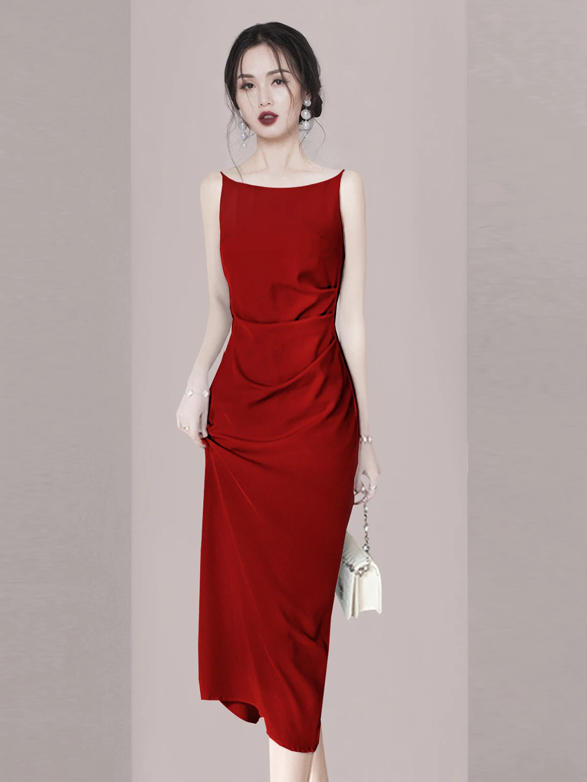 

Элегантное красное платье без рукавов с плиссировкой на талии для свадеб и юбилеев, сексуальный дизайн с молнией на средней талии