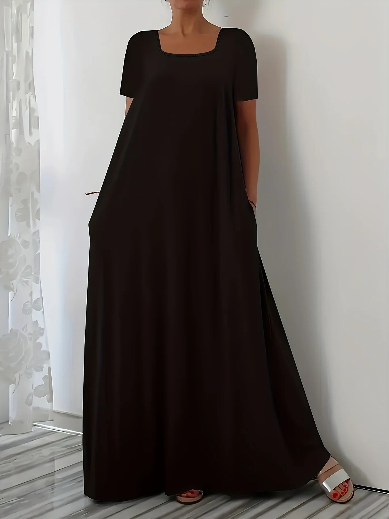 

Модное платье большого размера для женщин, весенне-летний хит сезона, с квадратным вырезом, однотонное, с короткими рукавами.