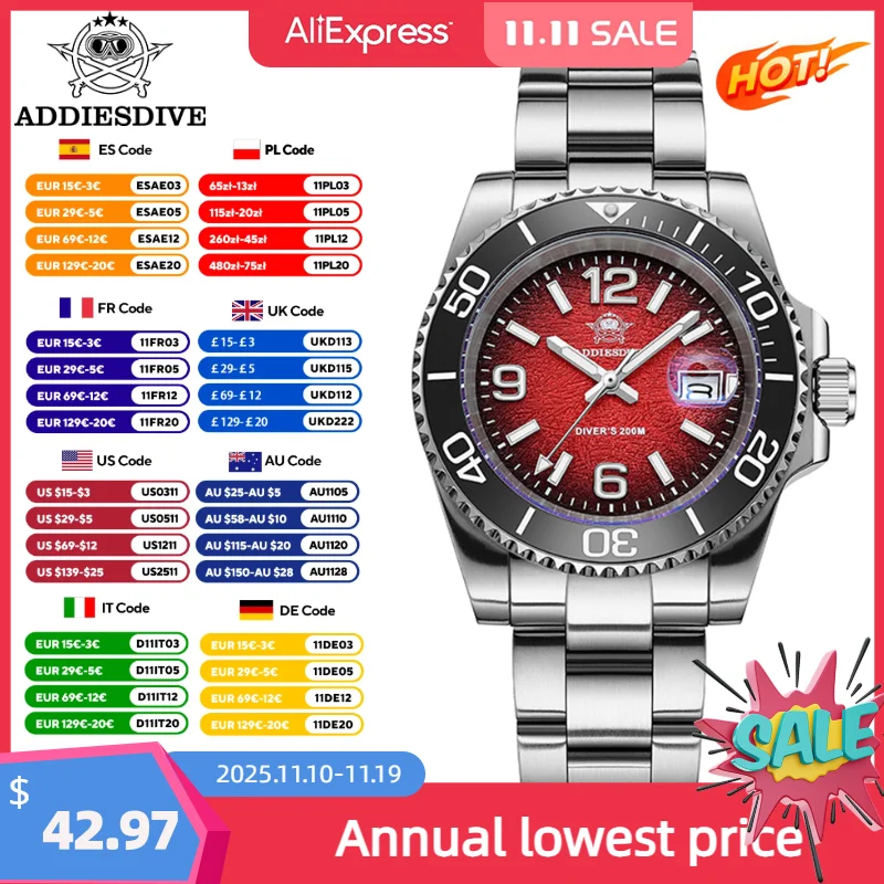 ADDIESDIVE relojes de cuarzo para Hombre 41mm gradiente de moda Japón 2115 AR recubierto impermeable 200m Reloj de buceo BGW9 Reloj luminoso para Hombre