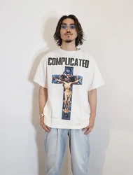 Vintage Retro Tops Co branded Cross Print Round Neck Short Sleeve High Street Casual Loose Oversize T-shirt Fashion Street