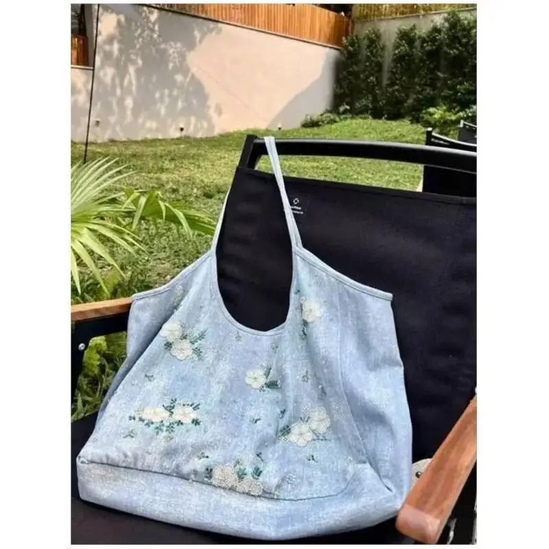 Bloom Floral Embroidery Blue Denim Handbag Women Fairy Core Aesthetic Y2k Shoulder Bags Female Large Capacity Underarm Bag