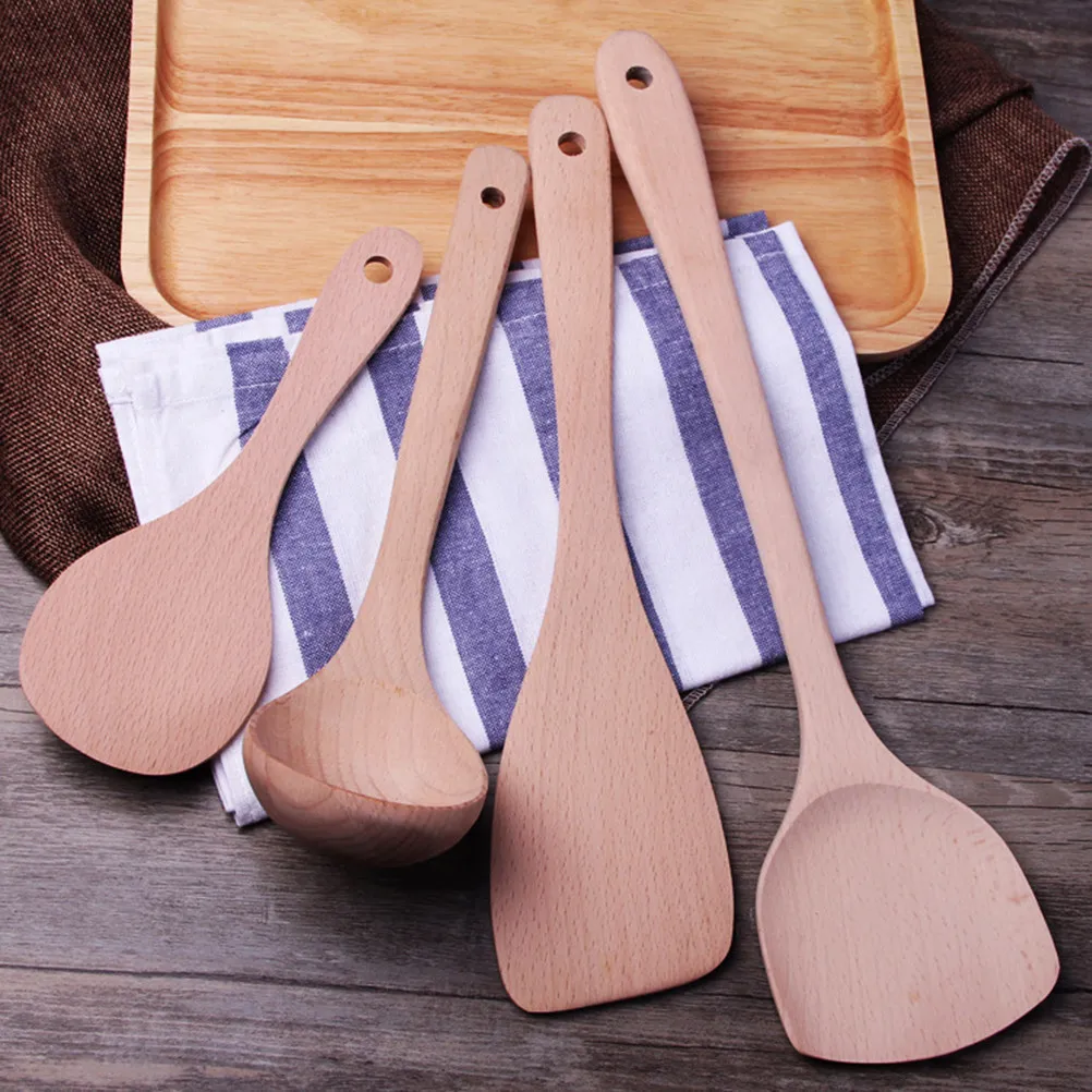 4Pcs Premium Solid Beech Wood Cooking Utensils Set for Non-Stick Pans Healthy Scratch-Proof Wear-Resistant Wooden Spatula Spoon