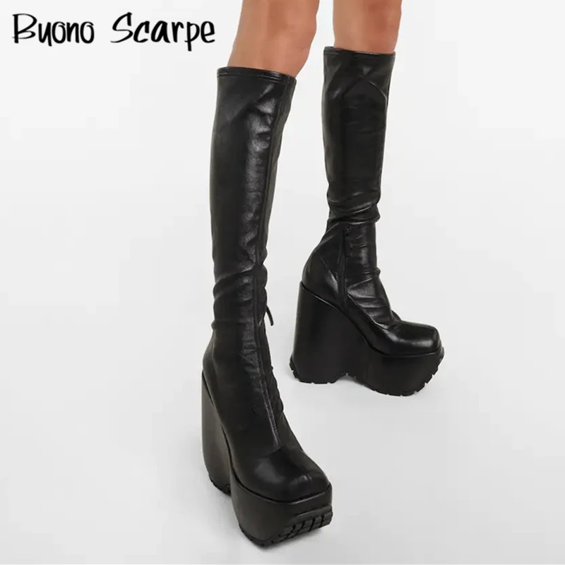 

New Autumn Winter Women Wedges Boots High Platform Knee High Boots Square Toe High Heel Botas Mujer Sexy Punk Booties Walking