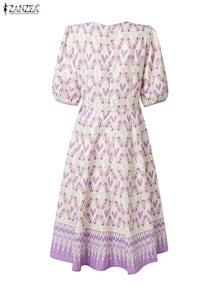 ZANZEA-vestidos de fiesta elegantes con estampado de corazón para mujer, vestidos de fiesta con cuello redondo, media manga abombada, cintura ajustada, detalle de lazo, vestido hasta la rodilla, S-3XL