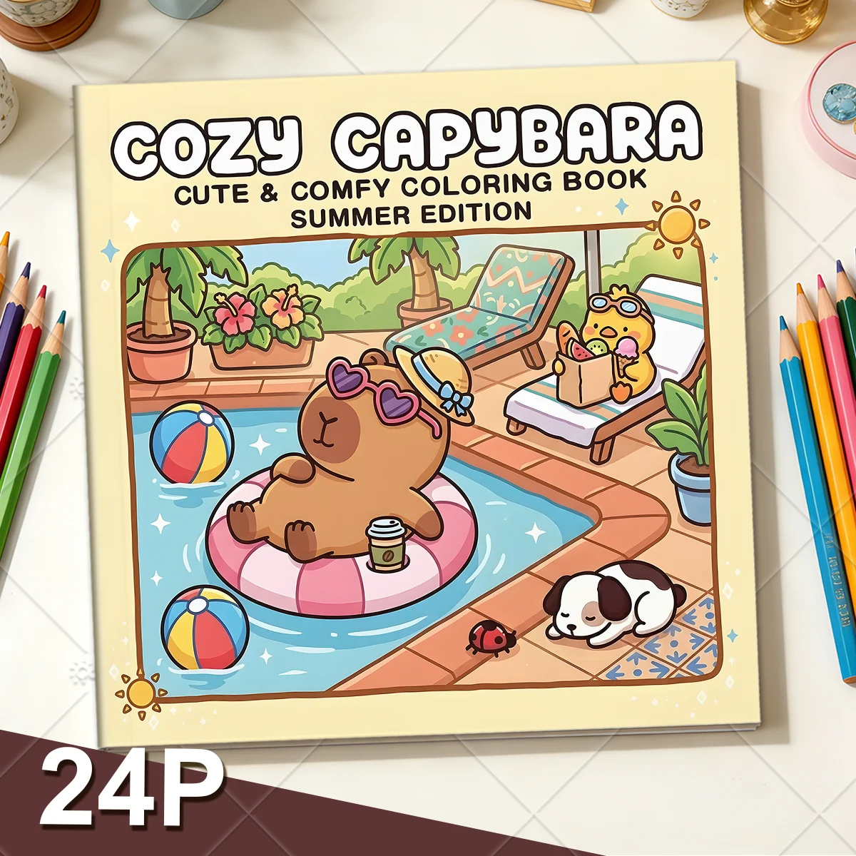 Cozy Capybara Coloring Book Summer Edition, Cute Lazy Capybara Summer Scenes, Stress Relief Relaxing Art Drawing Book for Adults