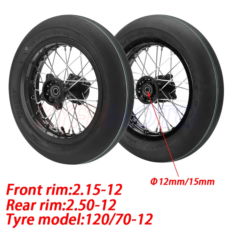 

Black Front 2.15-12 & Rear 2.50-12 12 inch wheels hub 120/70-12 tyre Road motorcycle modified accessories innova tires