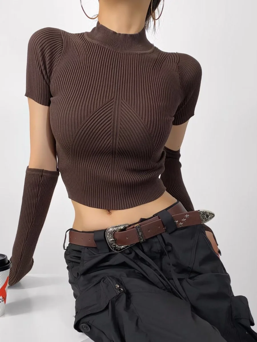 

Detachable Sleeve Knitted Sweater Women Crop Knit Autumn-Winter Chunky Turtlneck Single Breasted Cardigans Plaid Texture Style