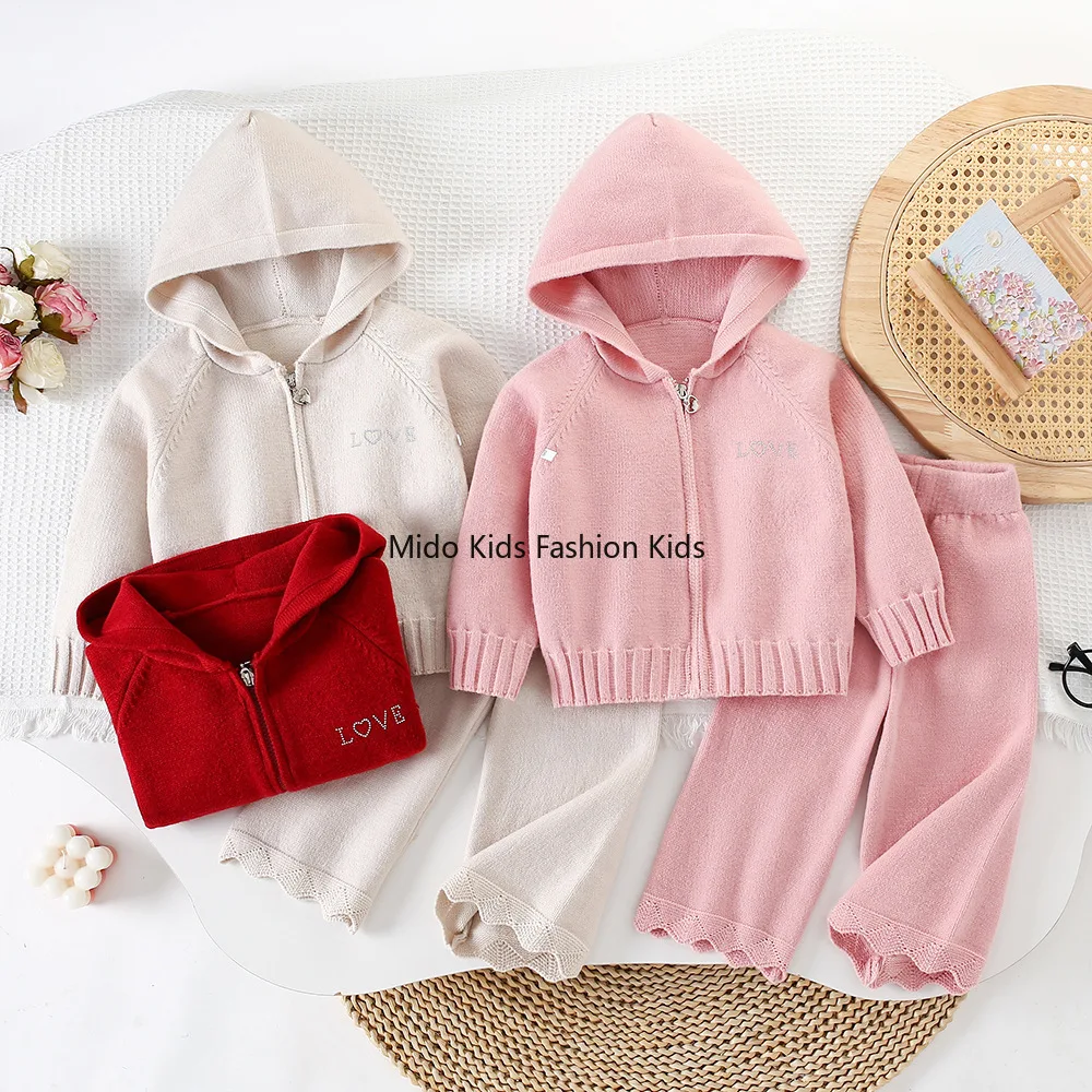 Children's Knitwear Set - Autumn/Winter New Arrival Girls' Hooded Zip-Up Knitted Cardigan  Trousers Korean Style Chic Trendy