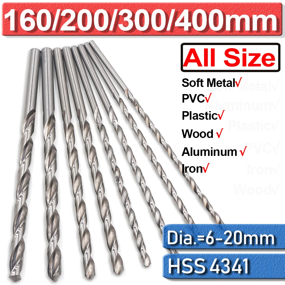 160/200/250/400mm Extra Long High Speed Steel Twist Drill Bit Set Round Shank Drill 6-20mm For Metal Wood Hole Cutter Tools