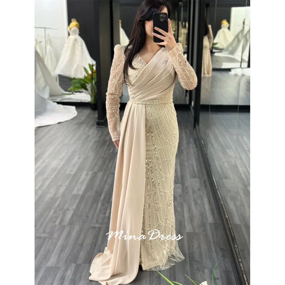 

Mina Customized Beads Arabic Evening Dress Luxury Elegant Sequins V-neck Long Sleeves Elegant Womens Party Dresses Woman Prom