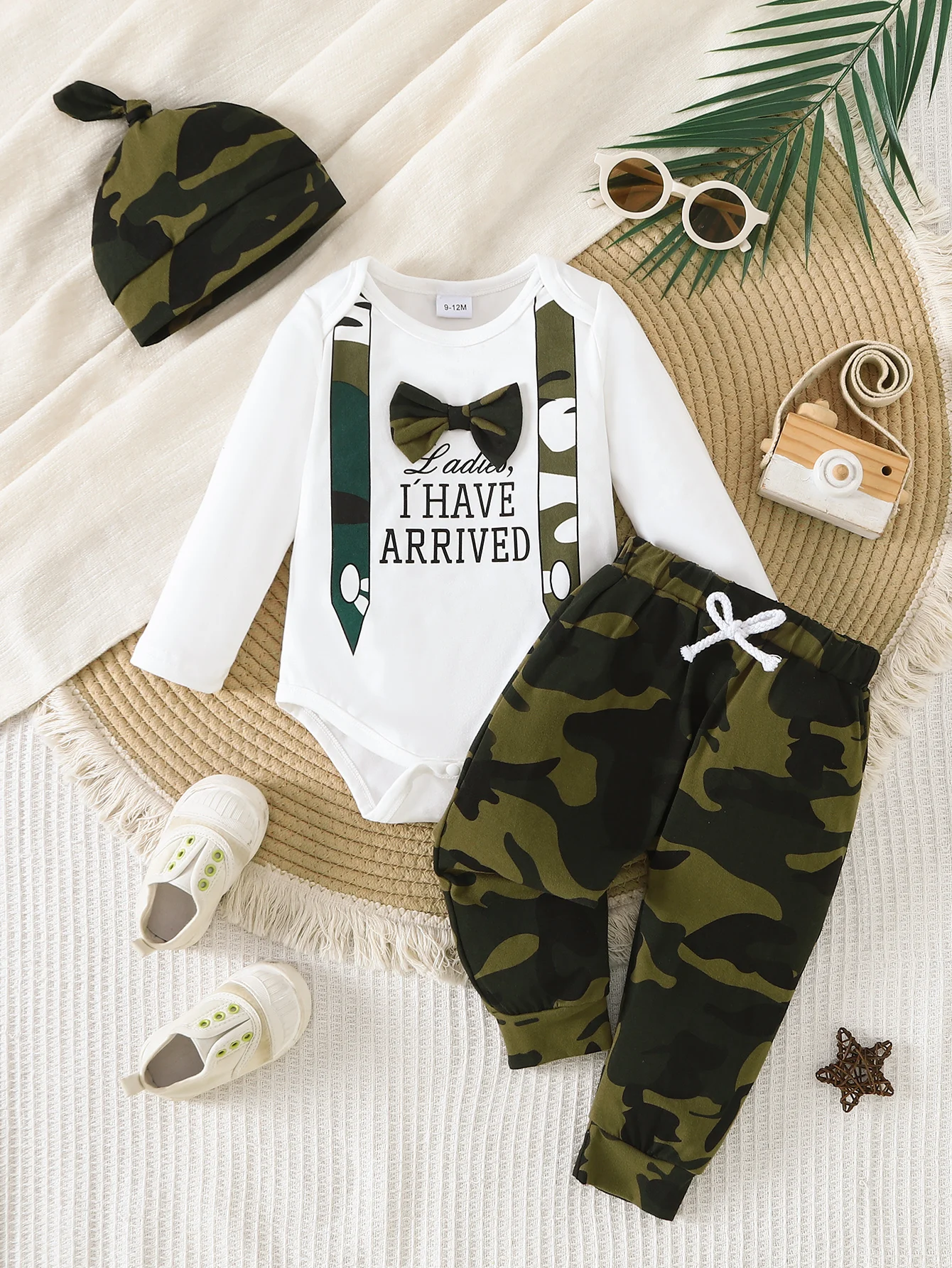 3Pcs Spring Autumn Baby Boy Camouflage Outfit, Gentleman Bow Tie Fake Suspender Romper,Camo Jogger Pants+Knot Hat,Stylish Photo