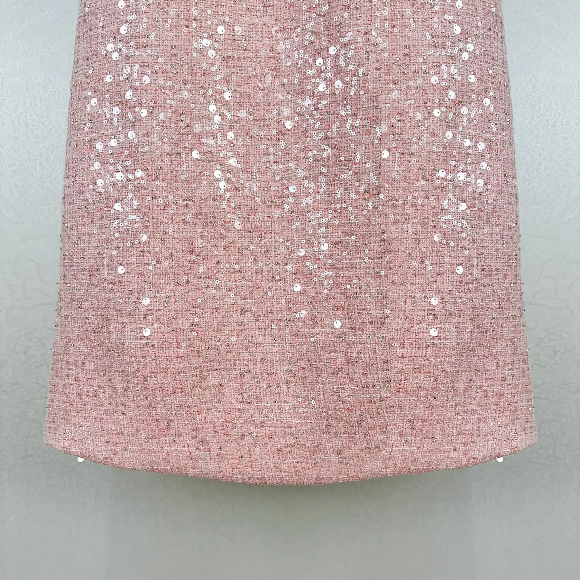 Women Pink Tank Dress Sequin Diamond Decoration Hollow Out O-Neck Sleeveless Sweet Autumn 2024 Mini Robe