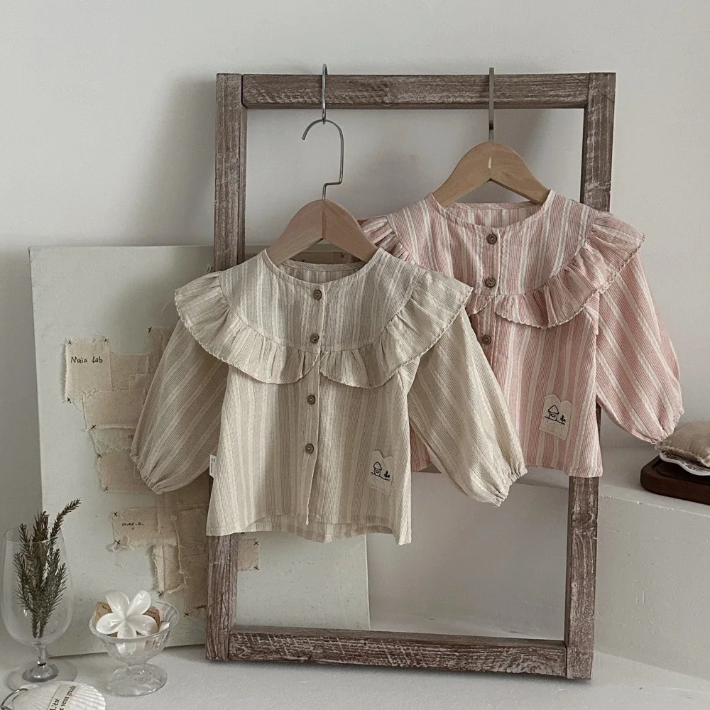 2026 Autumn New Baby Girl Long Sleeve Shirts Girls Cute Ruffle Striped Tops Cotton Infant Sweet Blouse Toddler Clothes