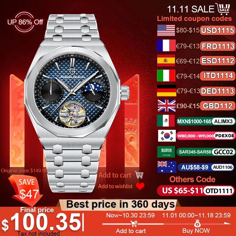 PAGANI DESIGN Mens Watches 2026 New Tourbillon Moon Phase Automatic Watch For Men AR AF Sapphire Glass Mechanical Wristwatch Men