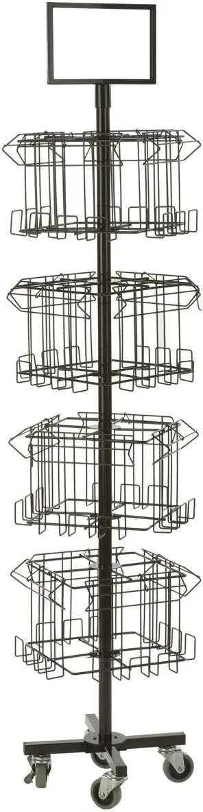 Floor Standing Portable Literature Rack, 16 Pockets for Magazines, Spinning, Tiered (Steel Wire)