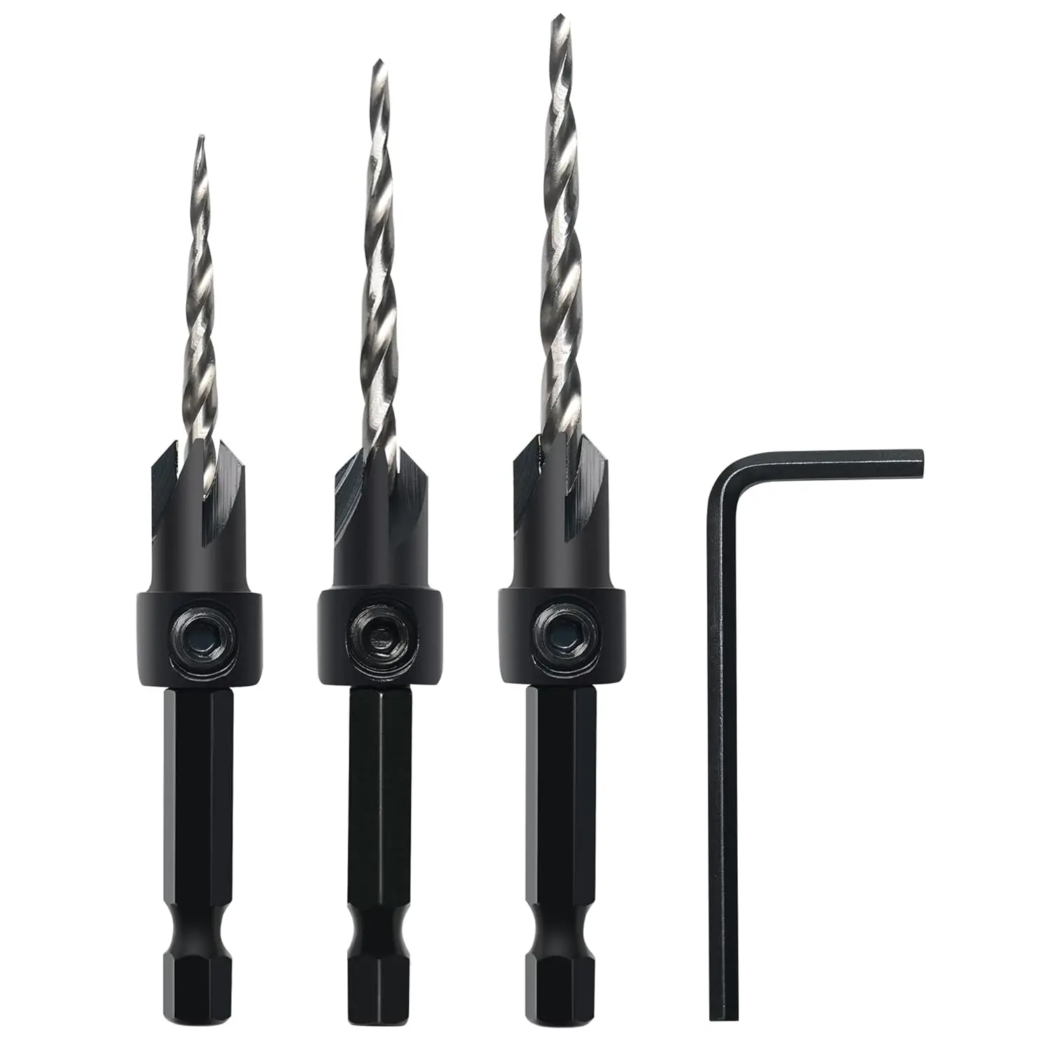 

3Pcs Tapered HSS Drill Bits with Hex Shank and Allen Wrench for Woodworking Pilot Screw Holes