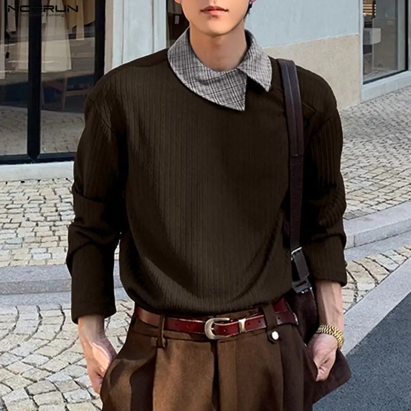 

INCERUN Мужская рубашка в клетку в стиле пэчворк с лацканами и длинным рукавом, повседневная мужская одежда, трикотажная уличная одежда, модные топы в корейском стиле, мужские рубашки