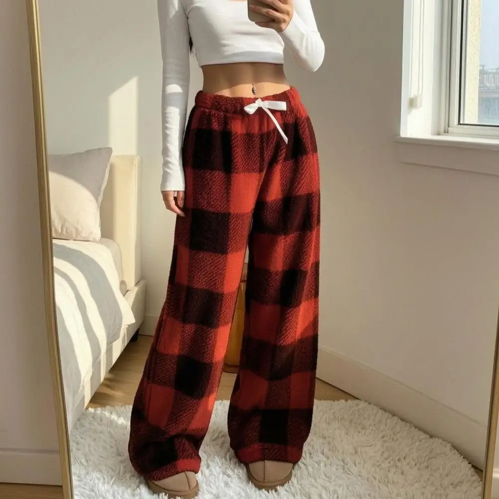 Women Plaid Wide Leg Pants, Drawstring High Waist Thick Coral Fleece Warm Loungewear, Anti-Pilling Casual Pajama Bottoms