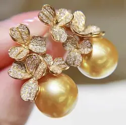 Gorgeous AAAA++++ 10-11mm 11-12mm 12-13mm True Natural Gold South China Sea Round Pearl Earrings (gift box)