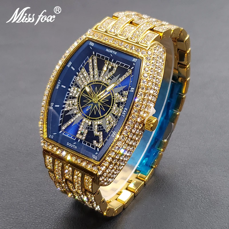 Luxury Men Crystal Watch Bling Iced-Out Tonneau Gold Watches Fashion Diamond Quartz Analog Clock With Stainless Steel Bracelet