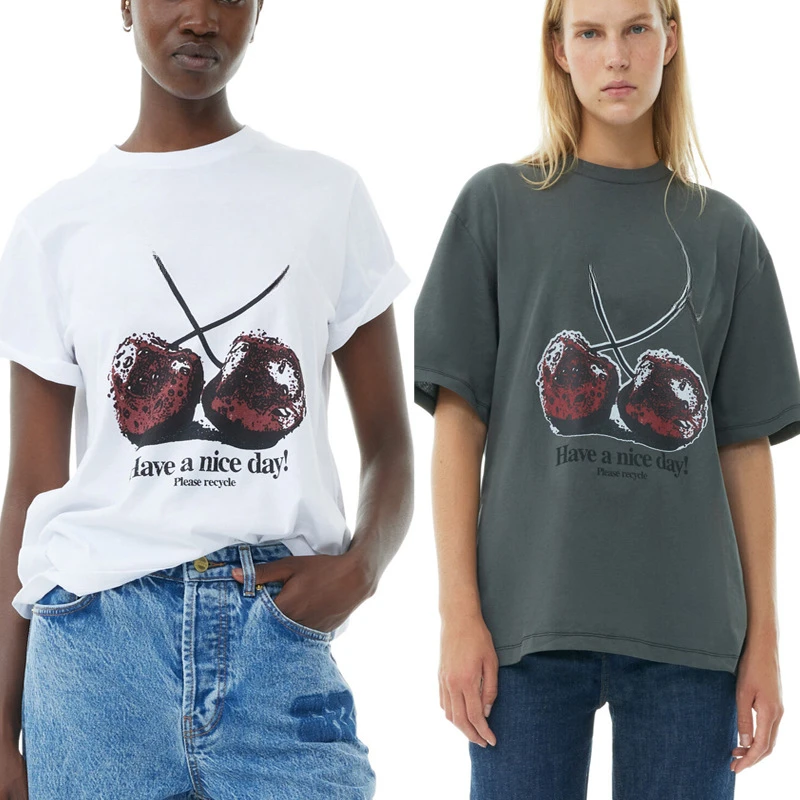 

2024 New Spring/summer T-shirt Cherry Print Casual Boudoir Wear Round Neck Loose Short-sleeved T-shirt