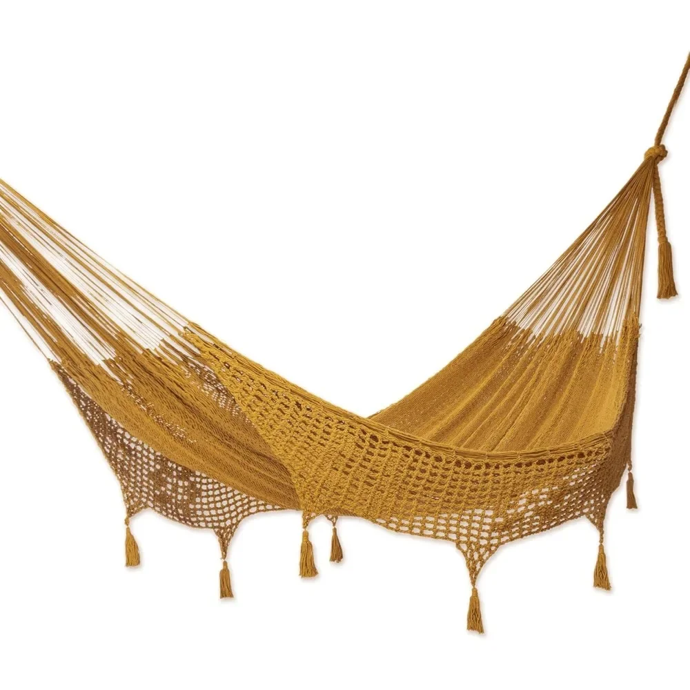 Handmade Amber Cotton Hammock (Triple) with Macrame Panels - Comfortable Double-Sized Outdoor Hamaca