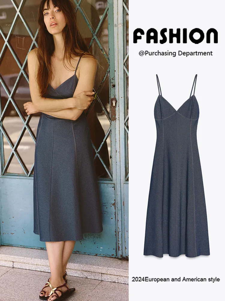 

2025 Summer New Faionable Women's Midi Dr Strap Design Patchwork Diagonal Line High Waist Svel Ball Gown Dr