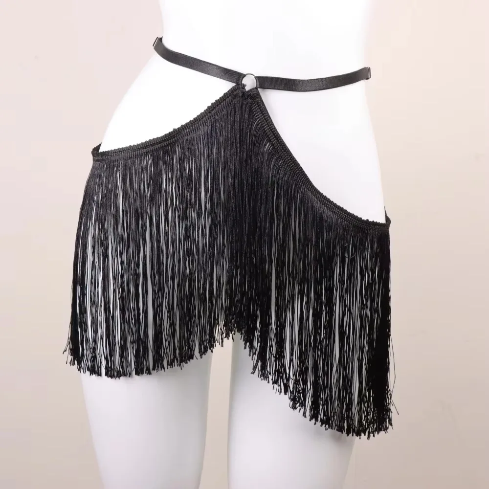 신상 조절 가능한 프린지 벨트 스커트 블랙 엘라스틱 웨이스트 하네스 부드러운 가죽 댄스 벨트
