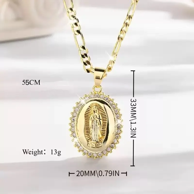 14K gold-plated Virgin Mary oval pendant necklace,copper inlaid with zircon,personalized retro necklace pendant jewelry gifts