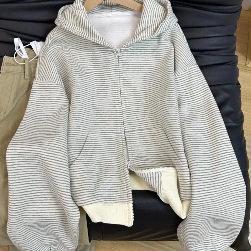 Image of Damen-Hoodie im Lazy-Style mit Streifenmuster und Reißverschluss, Herbst, Preppy, locker geschnitten, Vintage, mit Kapuze, S-XL