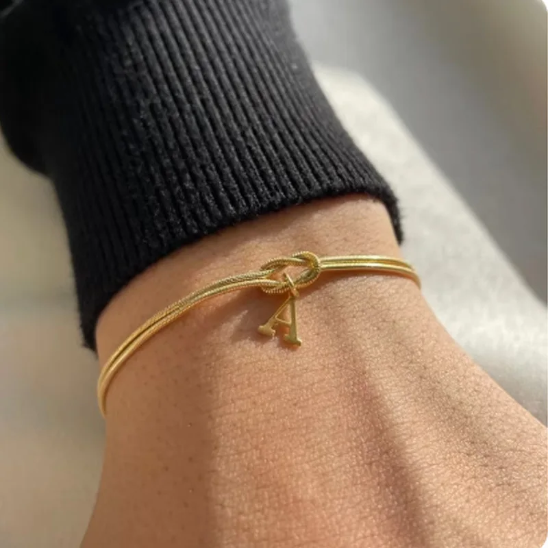 Stainless Steel Dainty Letter A-Z Love Knot Bracelets for Women Couple Fashion Snake Chain Charm Bracelet Jewelry Gift