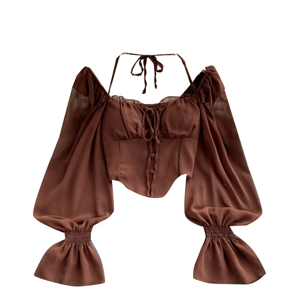 フレンチスタイルレースシャツ半袖ネックハンギングベルト初秋ベルスリーブホワイトブラウスレディースルーズフィットロングスクエアカラー