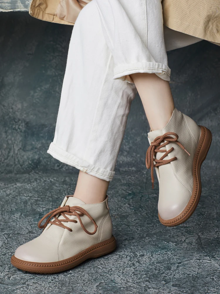 Women Leather Ankle Boots Beige Flats Heel Shoes Autumn Handmade Genuine Leather Soft Heels Women Shoes 2024 Fashion