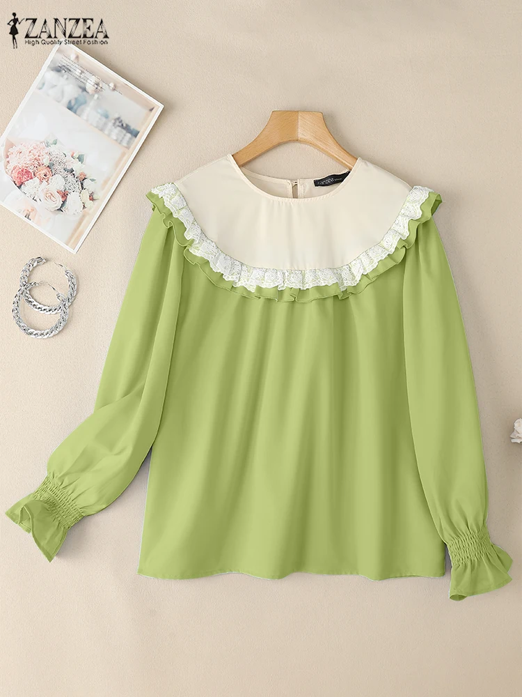 

Женские элегантные блузки с кружевной отделкой и оборками, цветные блузки с круглым вырезом и длинными рукавами, манжеты, женские топы ZANZEA, повседневная одежда