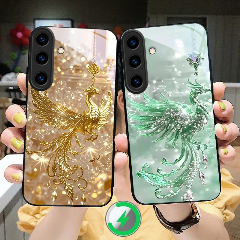 Golden Phoenix stance Magsafe Glass Phone Case for Samsung Galaxy S26 S20 FE S21 S22 S23 Plus S24 Edge S24Ultra product photo
